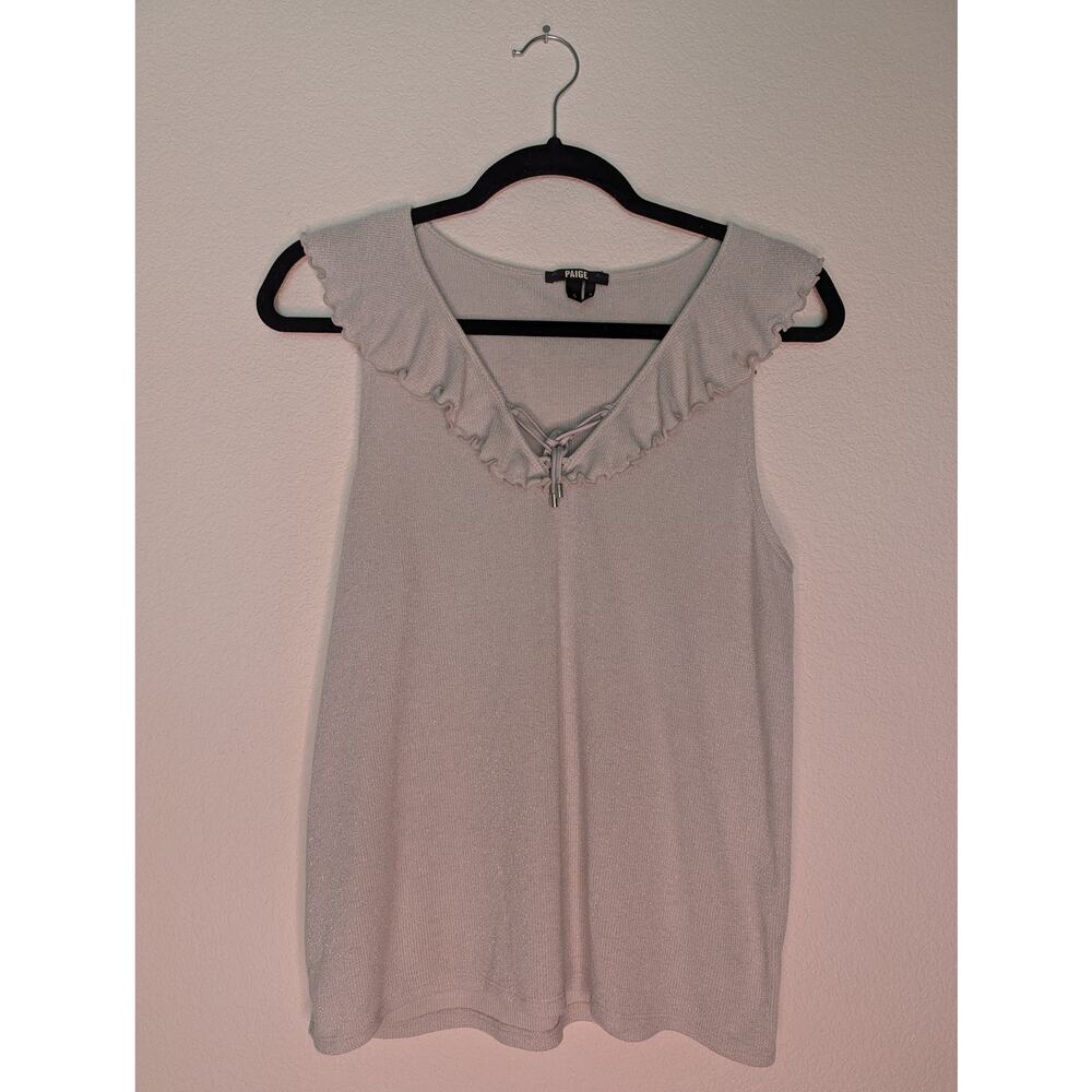 PAIGE Rainey Ribbed Silver Shimmer Lace Up Tank Ruffle S Y2K